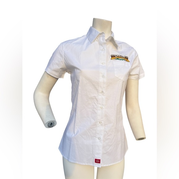 Dikies Tops - White Short-Sleeve Button-Up Shirt with Embroidered Logo Size M
